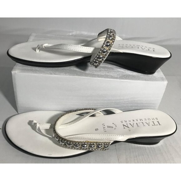 ITALIAN SHOEMAKERS Sandals White Wedge Size 8 Womens Rhinestone Embellished - Picture 2 of 9